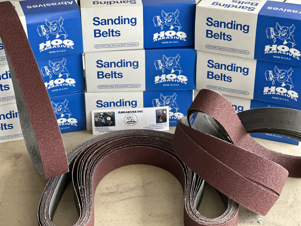 2" x 72" Hog Brand Aluminum Oxide Belts in packaging